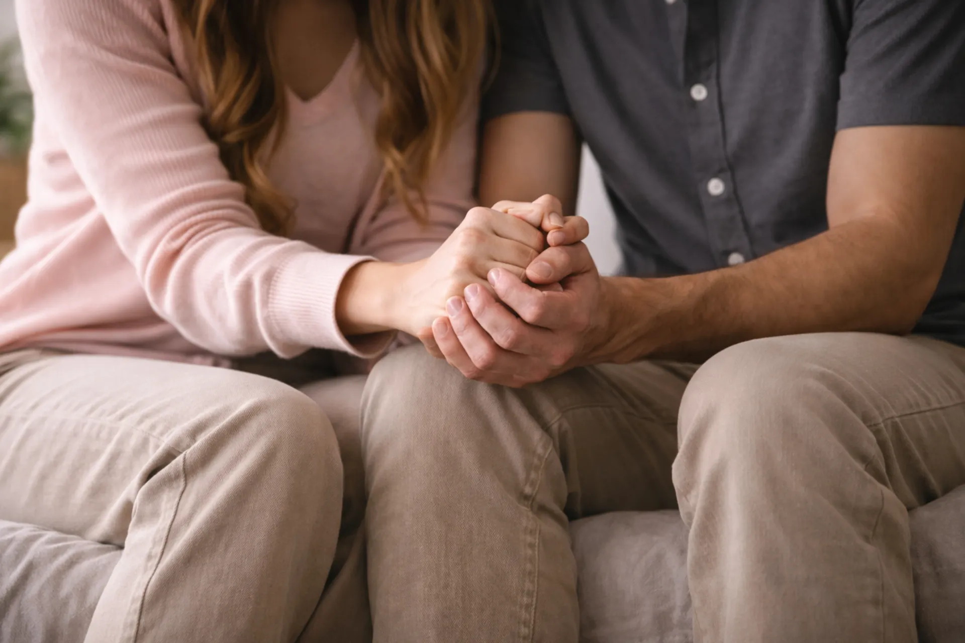 Pareja sentada entrelazando las manos.